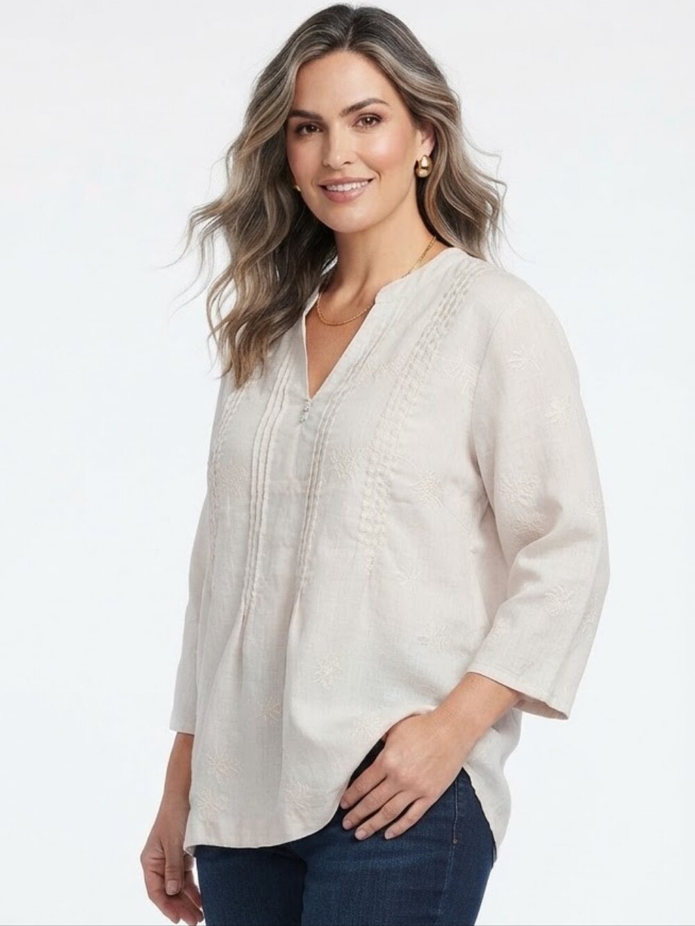 Sympli 100% Linen V-Neck Embroidered Top 3/4 Sleeve Light Neutral XXL